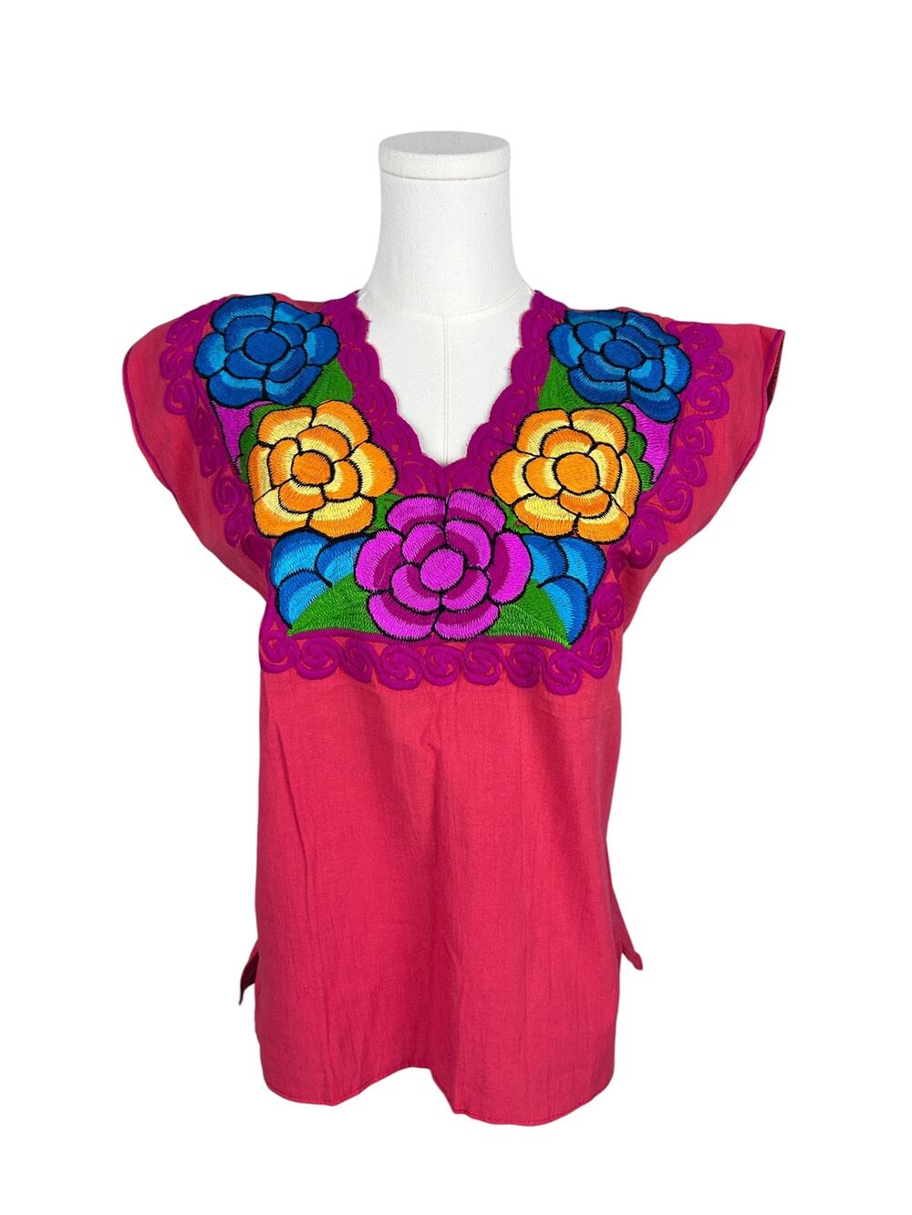 Vintage 70s Red Oaxaca Floral Multicolored Embroidered Cotton Short Sleeve Top M